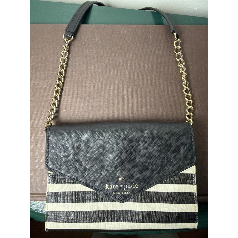 Kate Spade New York Black White Striped Crossbody Purse Gold Tone Chain City - Picture 12 of 13